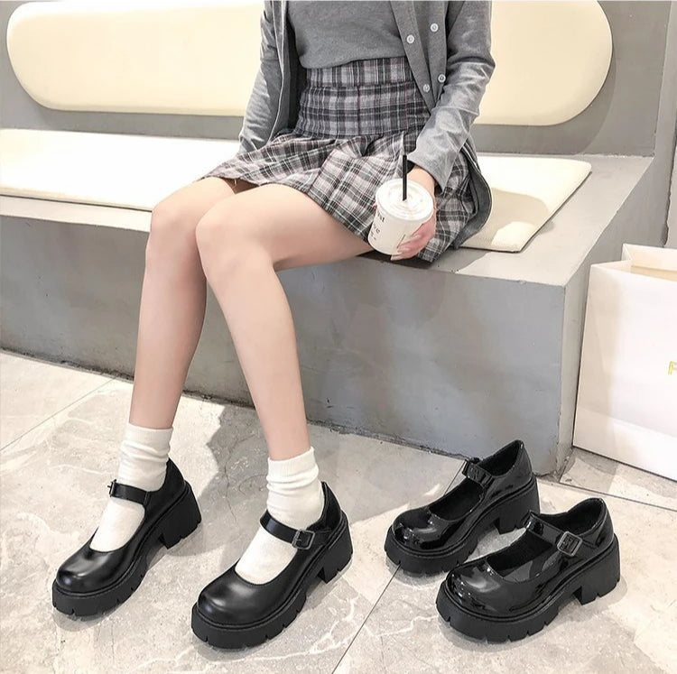 Patent Leather High Heels Mary Jane Shoes Women Japanese Style Ankle Platform Pumps Woman Buckle Jk Uniform Lolita Shoes