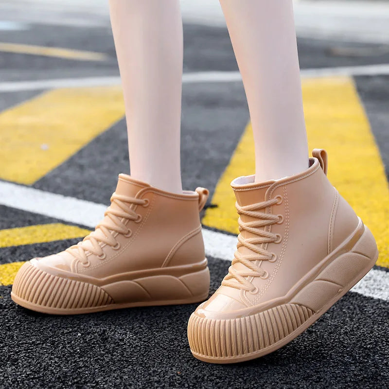 2025 New plush galoshes waterproof rain boots women's rubber platform shoes for lady ankle wide toe rainboots water shoes woman