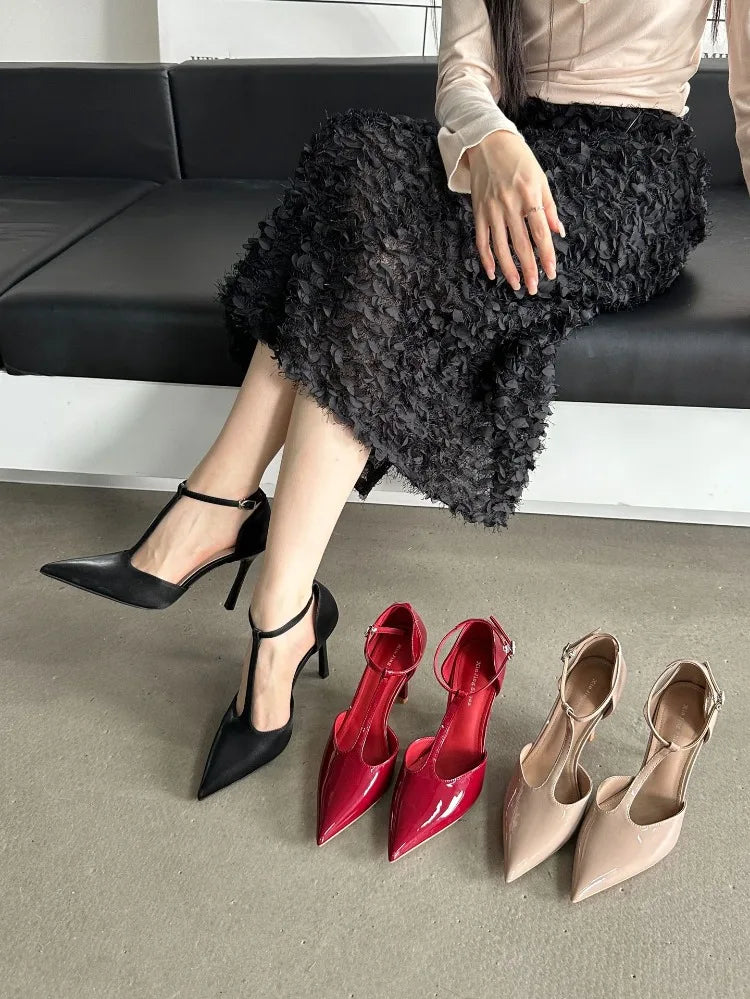 Sexy Red High Heels Women Pointed Toe Party Dress Shoes T-Strap Patent Leather Elegant Slingback Thin Heels Female Sandals Women