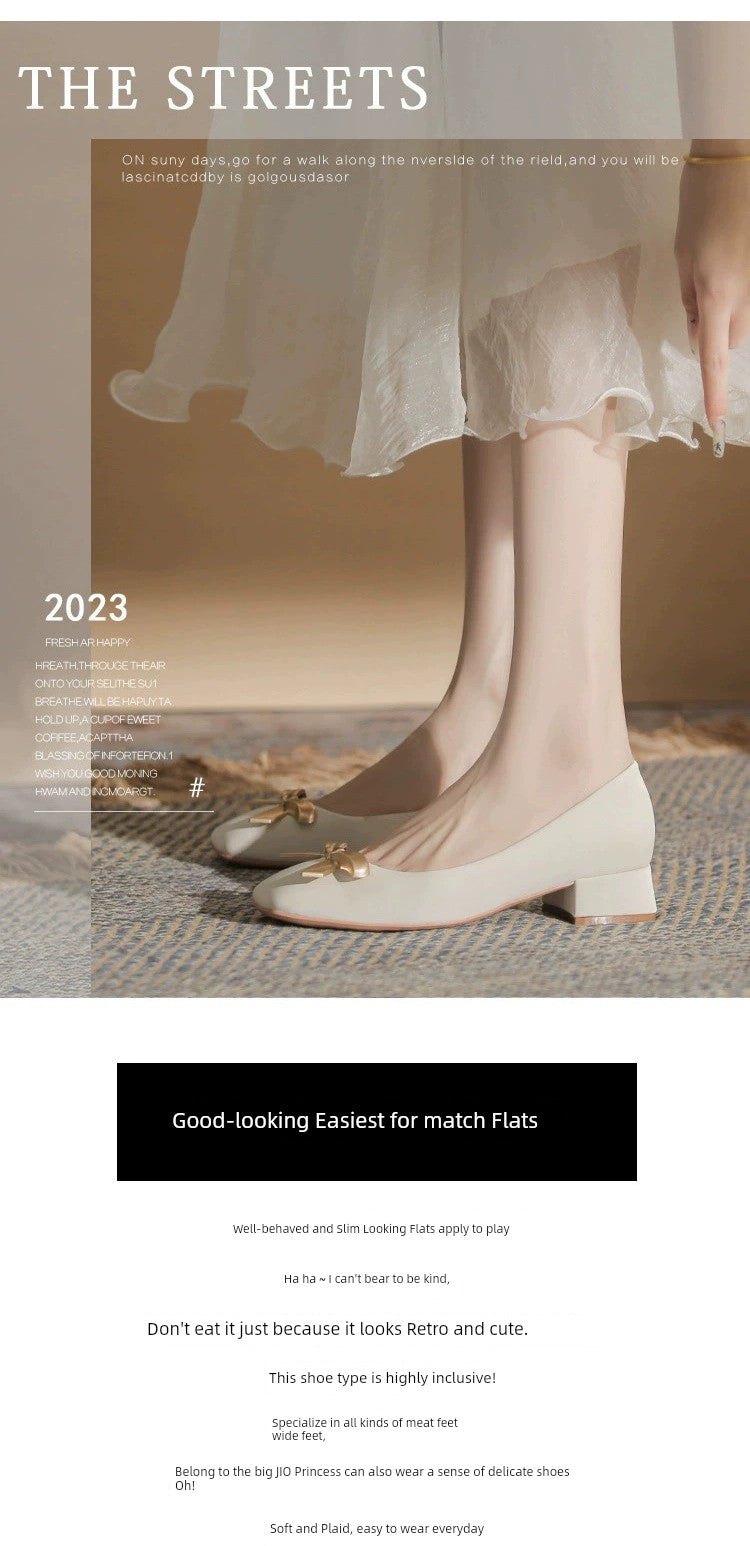 2024 Spring New Arrival Square Toe Chunky Heel Graceful Bow High Heels Joker Women Casual Shoes Mid Heel Comfortable Shoes