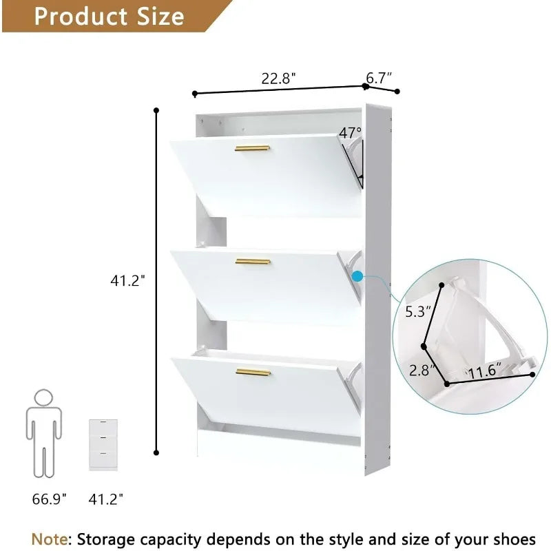 Shoe Cabinet with 2 Flip Drawers - Narrow Shoes Storage for Entryway, Freestanding Hidden