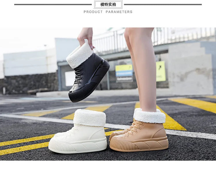 2025 New plush galoshes waterproof rain boots women's rubber platform shoes for lady ankle wide toe rainboots water shoes woman