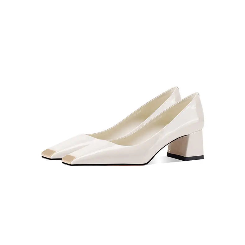 2025 new spring ladies pumps chunky heels leather square head shallow mouth with fashion comfortable commuter work women's shoes