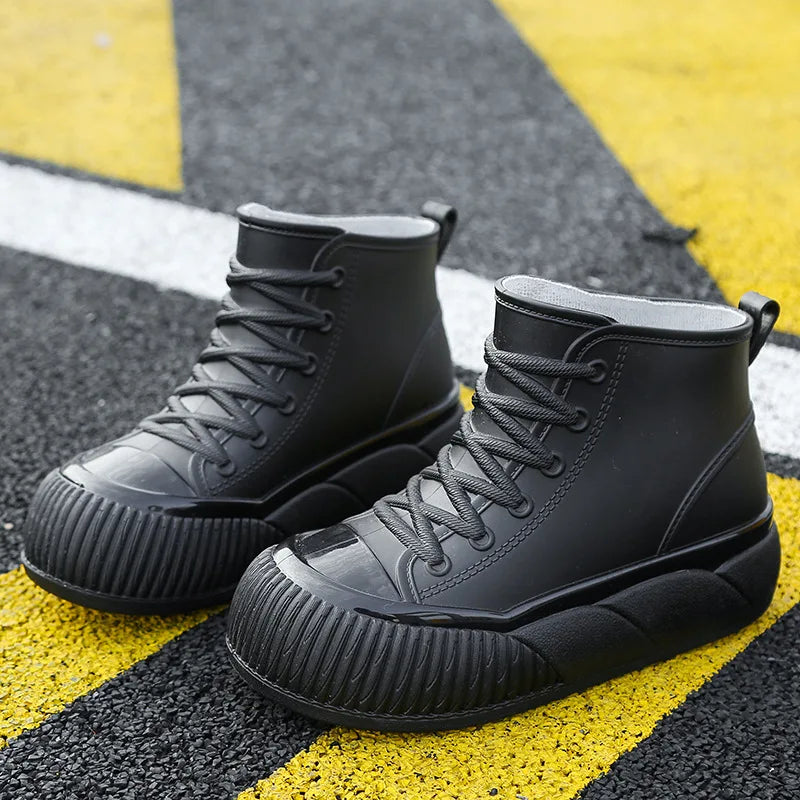 2025 New plush galoshes waterproof rain boots women's rubber platform shoes for lady ankle wide toe rainboots water shoes woman