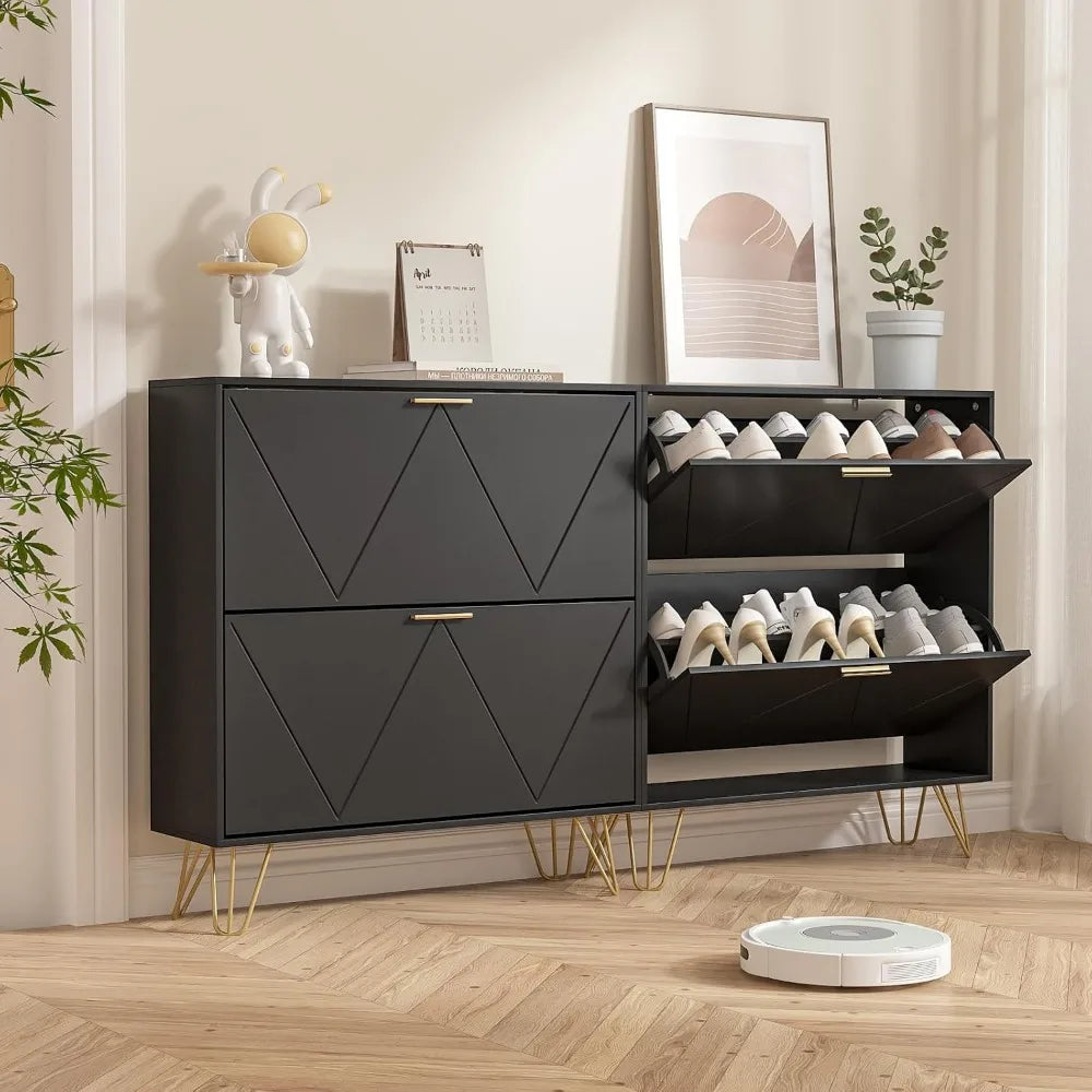 Shoe Cabinet with 2 Flip Drawers, Black Shoe Storage Cabinet, Slim Wooden Freestanding Shoes Rack, Shoes Organizer with Fluted