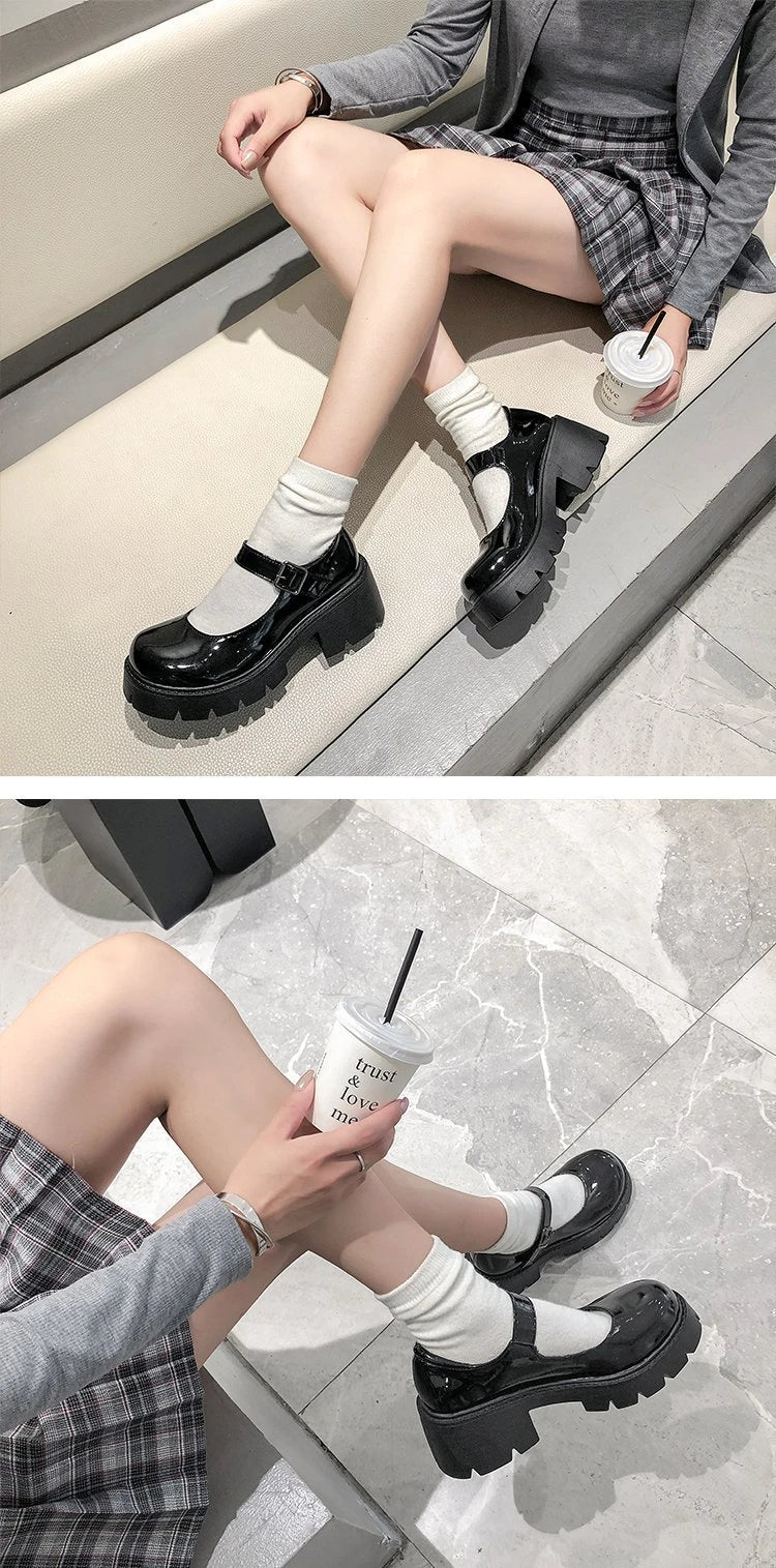 Patent Leather High Heels Mary Jane Shoes Women Japanese Style Ankle Platform Pumps Woman Buckle Jk Uniform Lolita Shoes