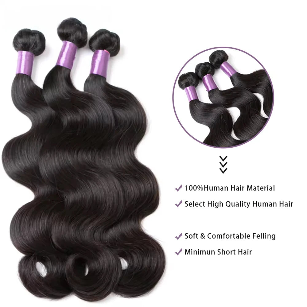 Body Wave Bundles Human Hair Brazilian Hair Weave Bundles 1/3/4 PCS 100% Human Hair Extensions Natural Black Colored For Women