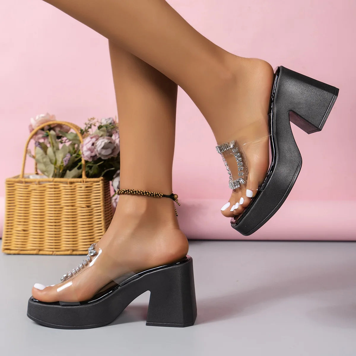 Sandals Women Clear Strap Chunky Heeled Sandals Women Platform Wedges High Heels Shoes Flip Flops Beach Slippers Dress Crystal