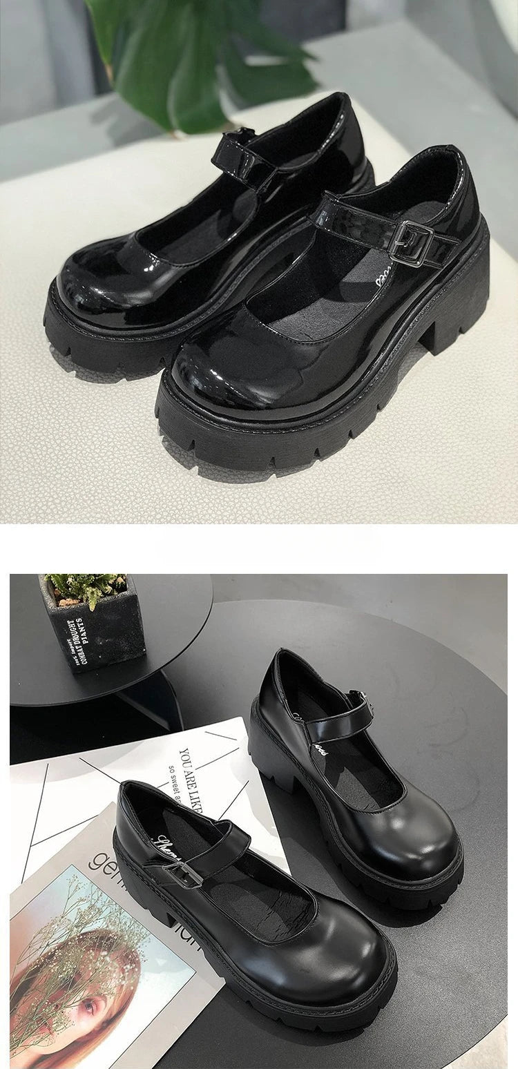 Patent Leather High Heels Mary Jane Shoes Women Japanese Style Ankle Platform Pumps Woman Buckle Jk Uniform Lolita Shoes