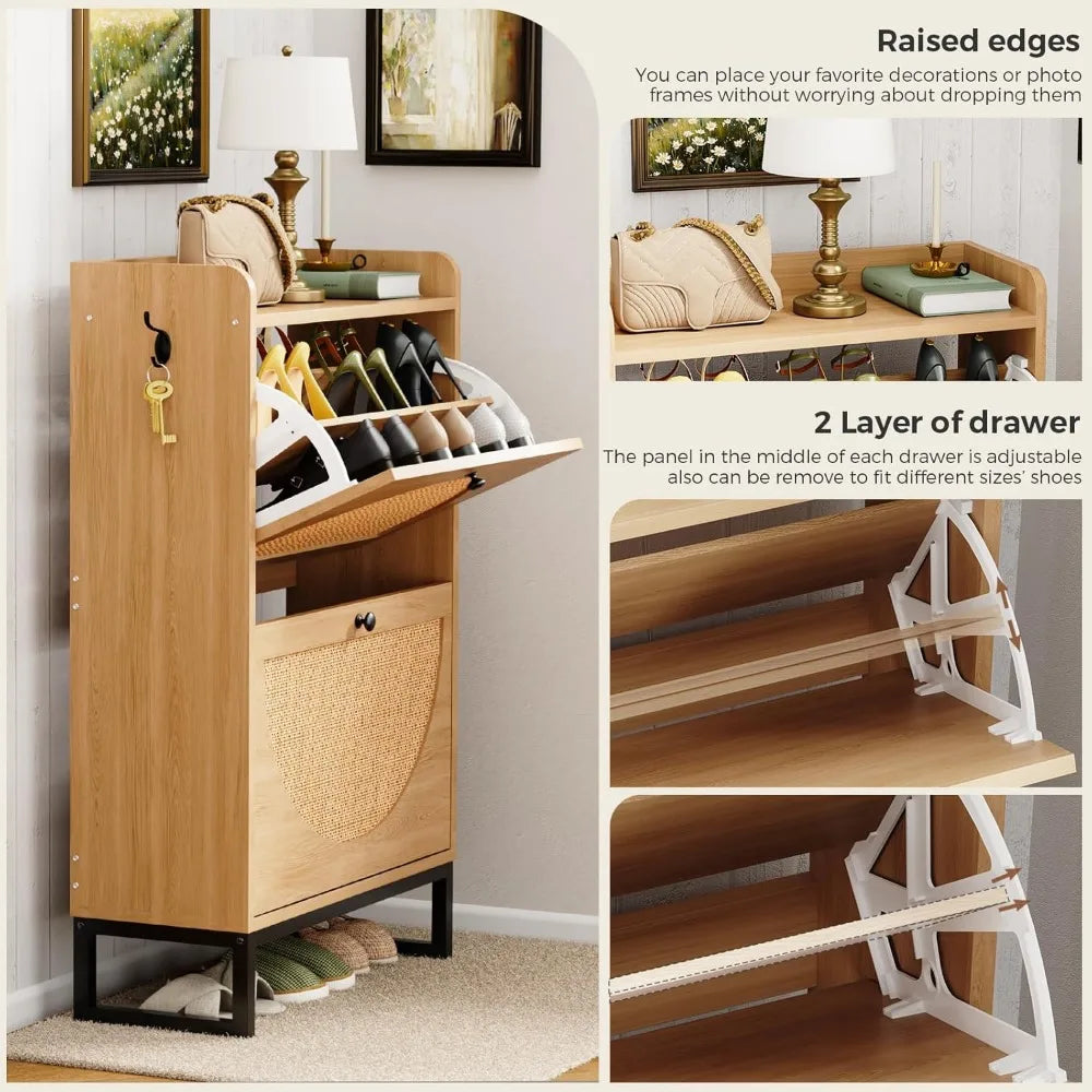 Shoes cabinet.Shoe Cabinet with 2 Flip Drawers, Natural Rattan Freestanding Shoe Cabinet Storage for Entryway, Slim Shoes