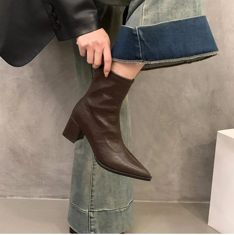 Designer Vintage Women Ankle Boots Fashion Pointed Toe Short Booties Elegant High Heels Shoes Botas Mujer