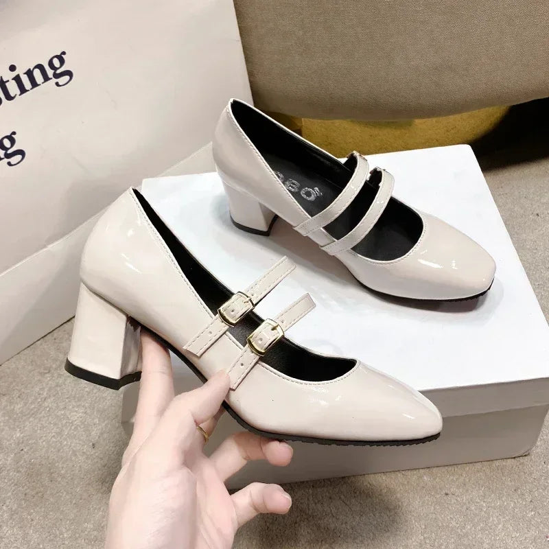 2025 Spring Autumn Women Double Buckle Mary Janes Shoes Patent Leather Dress Square Head Square Heel Solid Color Women's Shoes