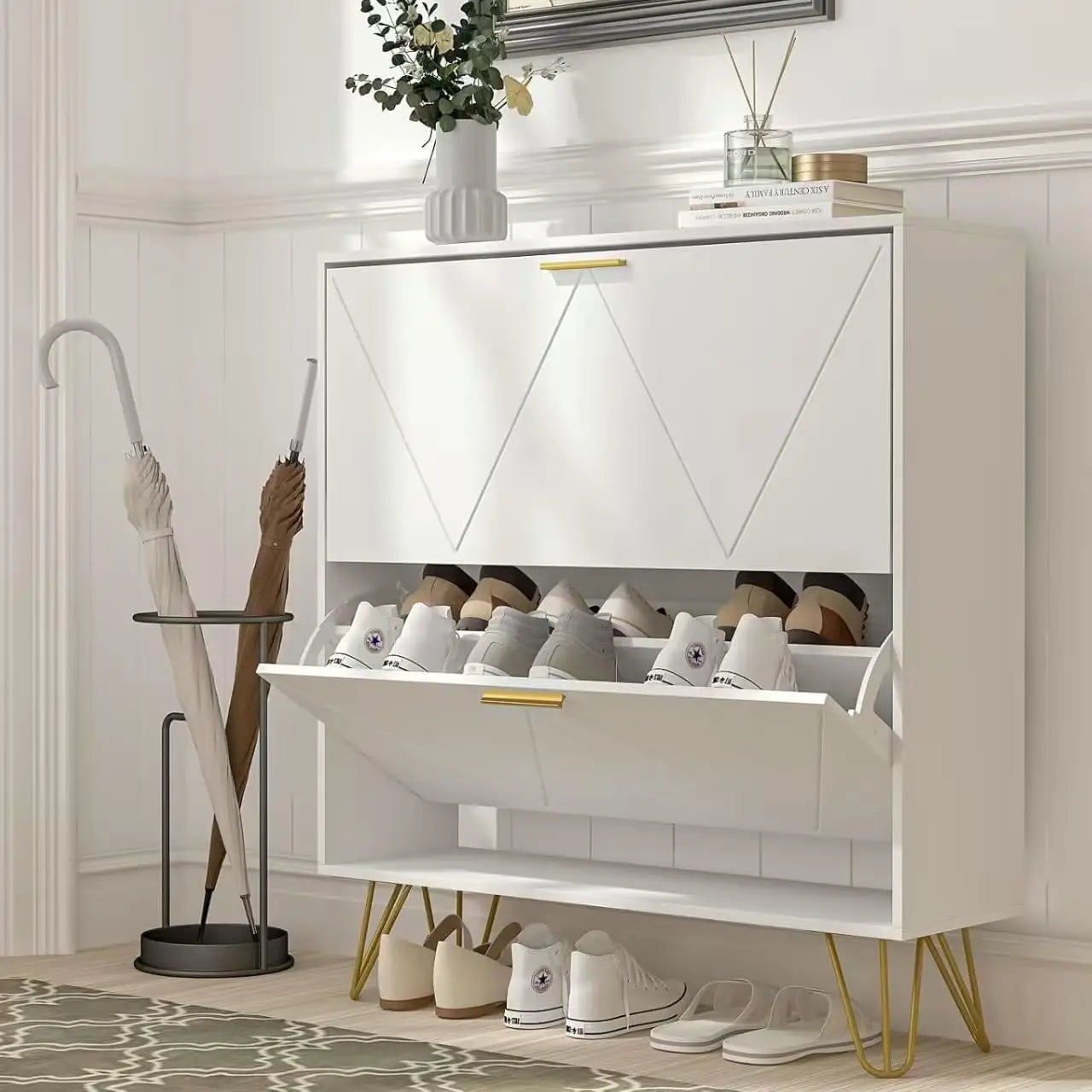 Shoe Cabinet with 2 Flip Drawers, Black Shoe Storage Cabinet, Slim Wooden Freestanding Shoes Rack, Shoes Organizer with Fluted