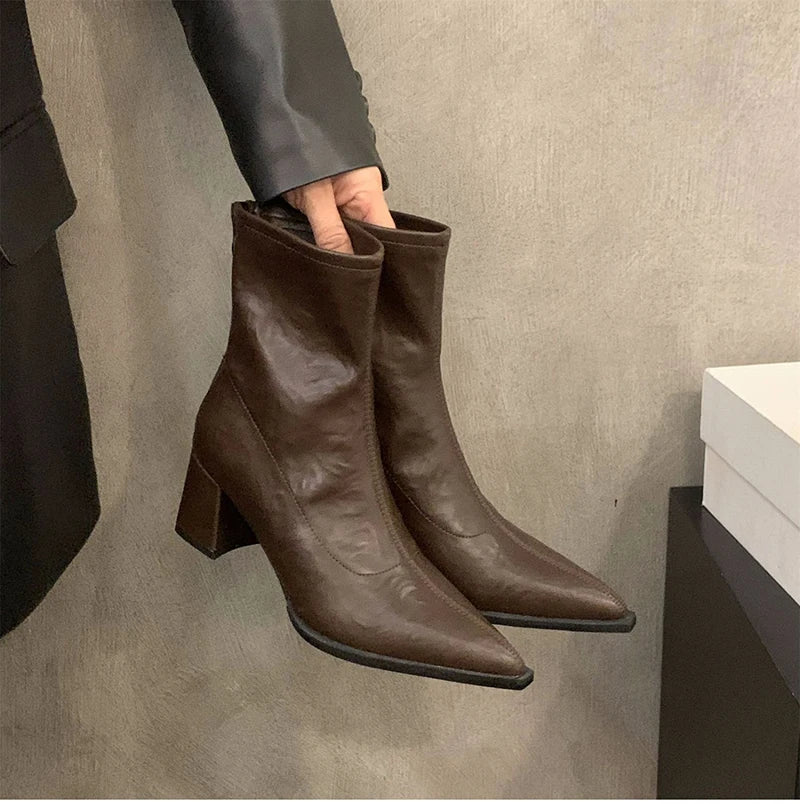 Designer Vintage Women Ankle Boots Fashion Pointed Toe Short Booties Elegant High Heels Shoes Botas Mujer