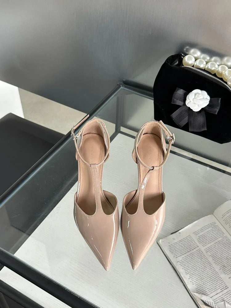 Sexy Red High Heels Women Pointed Toe Party Dress Shoes T-Strap Patent Leather Elegant Slingback Thin Heels Female Sandals Women
