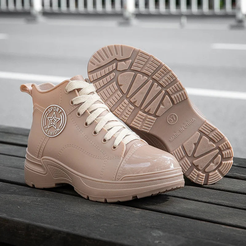 2025 New plush galoshes waterproof rain boots women's rubber platform shoes for lady ankle wide toe rainboots water shoes woman