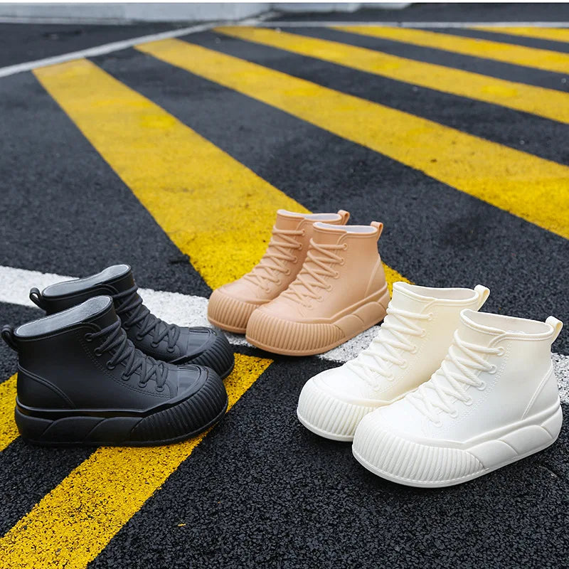2025 New plush galoshes waterproof rain boots women's rubber platform shoes for lady ankle wide toe rainboots water shoes woman