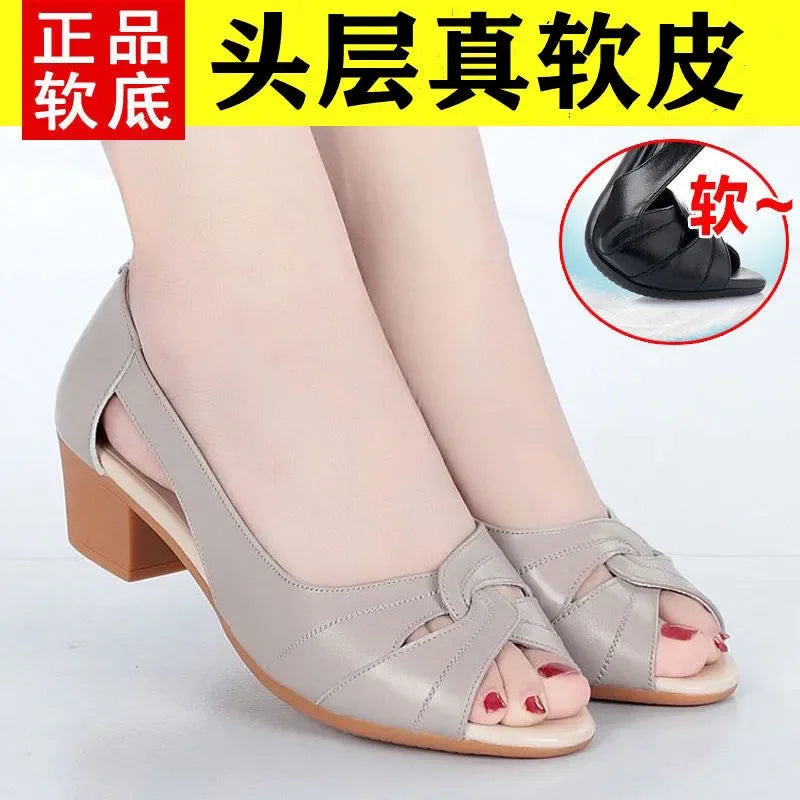Black Peep Toe Mid Heel Sandals Women's Pumps Square Heel Soft Sole Leather Work Shoes Simple Casual Summer Hollow Out