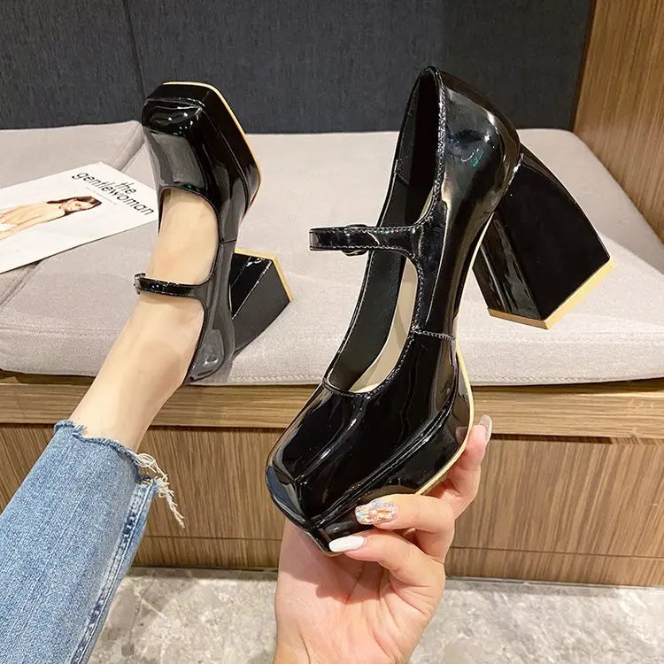 Platform Pumps Women's 2023 Square Toe Thick Heels Mary Janes Women's Patent High Heels Party Shoes Square Toe Square Heel