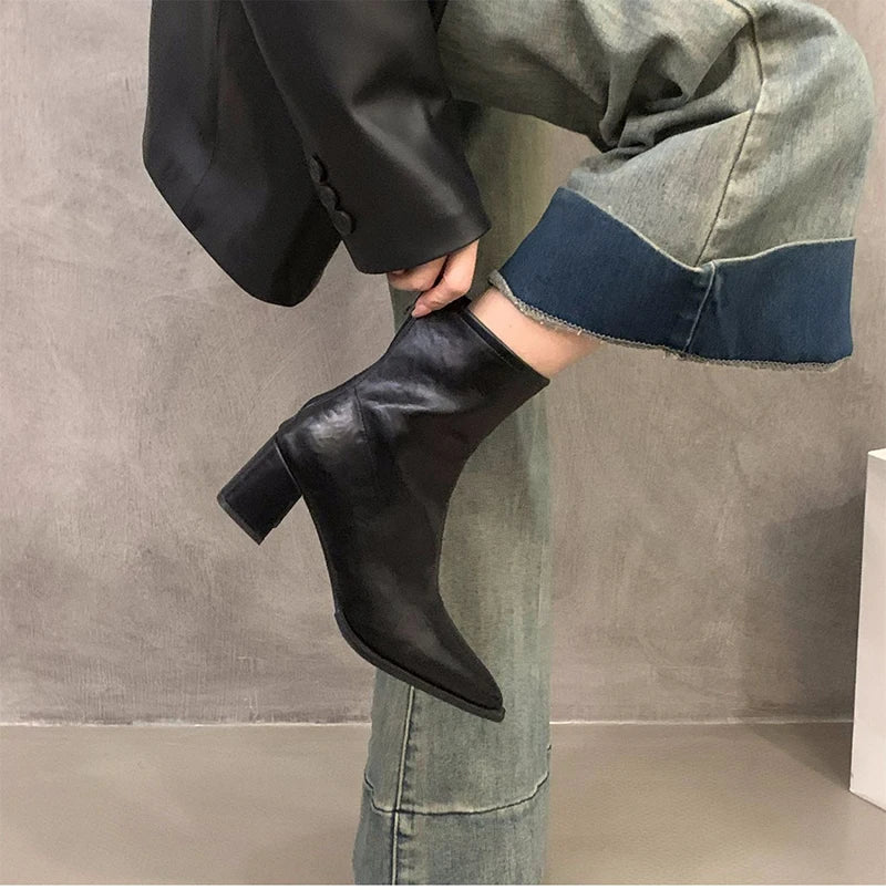 Designer Vintage Women Ankle Boots Fashion Pointed Toe Short Booties Elegant High Heels Shoes Botas Mujer