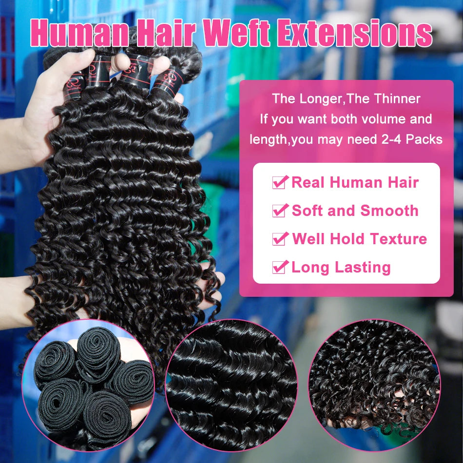Linktowig 28 30 32 Inch Deep Wave Human Hair Bundles Curly Bundles Human Hair Raw Hair Bundles Human Hair Extensions Double Weft
