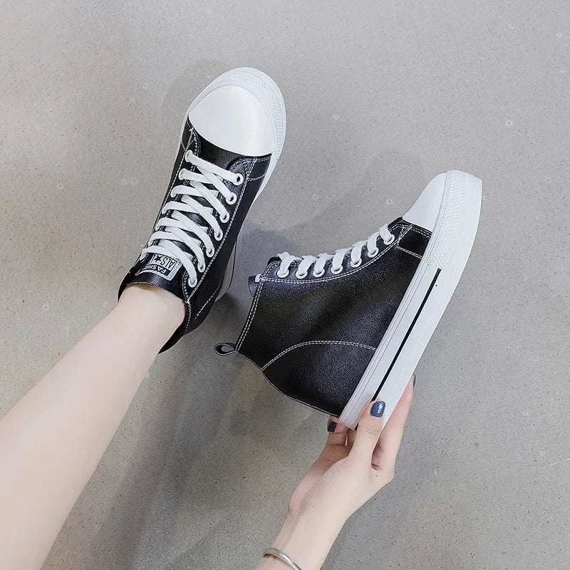 2025 Genuine Leather Shoes New Autumn Winter Lace-up High-top Women Sneaker Shoes High Heels Increase Within Wedges Casual Shoes