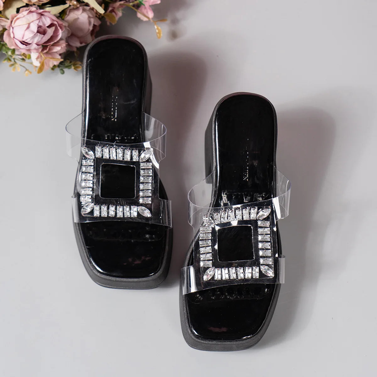 Sandals Women Clear Strap Chunky Heeled Sandals Women Platform Wedges High Heels Shoes Flip Flops Beach Slippers Dress Crystal