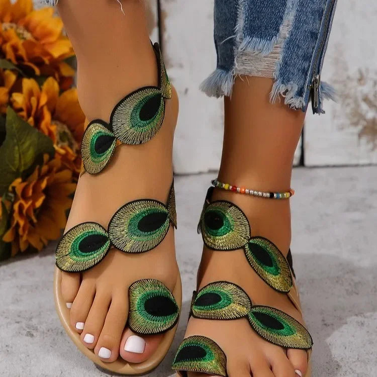 Yellow Embroidered Faux Flower Fashion Sandals Flat Plus Size 43 Summer Outdoor Beach Shoes Travel Mom Shoes