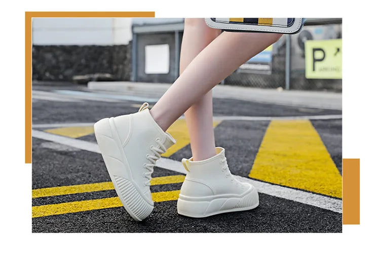 2025 New plush galoshes waterproof rain boots women's rubber platform shoes for lady ankle wide toe rainboots water shoes woman