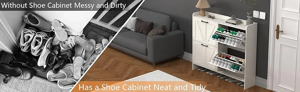 Shoe Cabinet with 4 Flip Drawers, Shoe Storage Cabinet for Entryway, Freestanding Hidden Shoe Cabinet Organizer, Oak White
