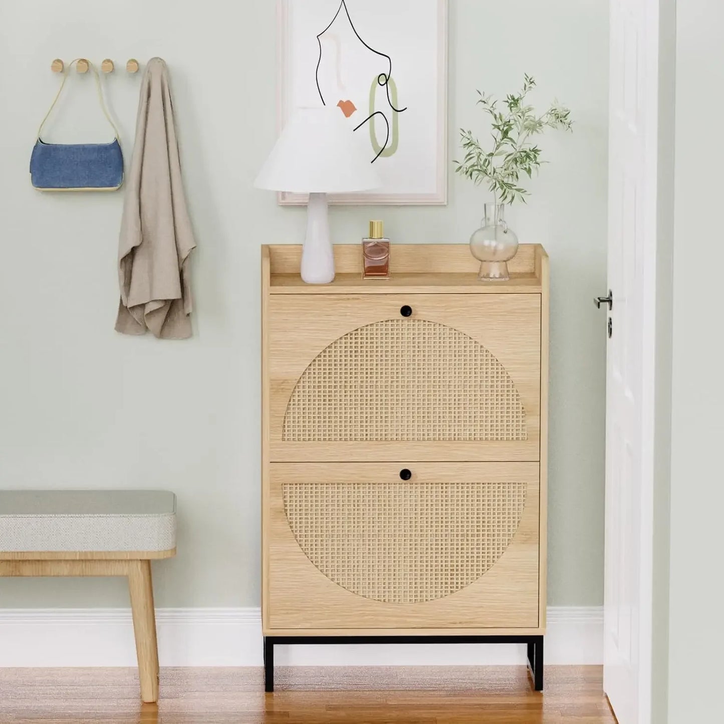 Shoe Cabinet with 2 Handmade Natural Rattan Flip Drawers, Entryway Shoe Rack Storage Organizer for Sneakers, Slippers
