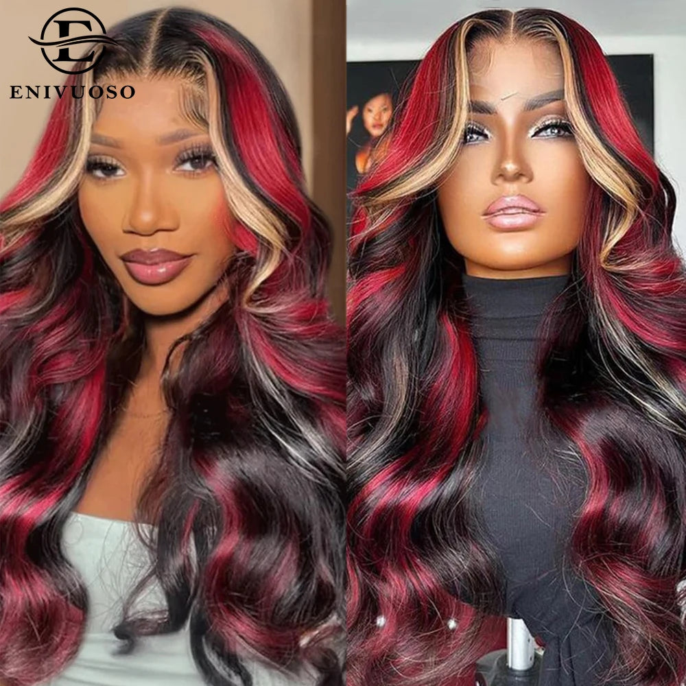 Skunk Stripe Wigs Black Red Blonde Highlights 13x4 HD Synthetic Lace Front Wigs Highlight Body Wave Lace Wig Pre Plucked