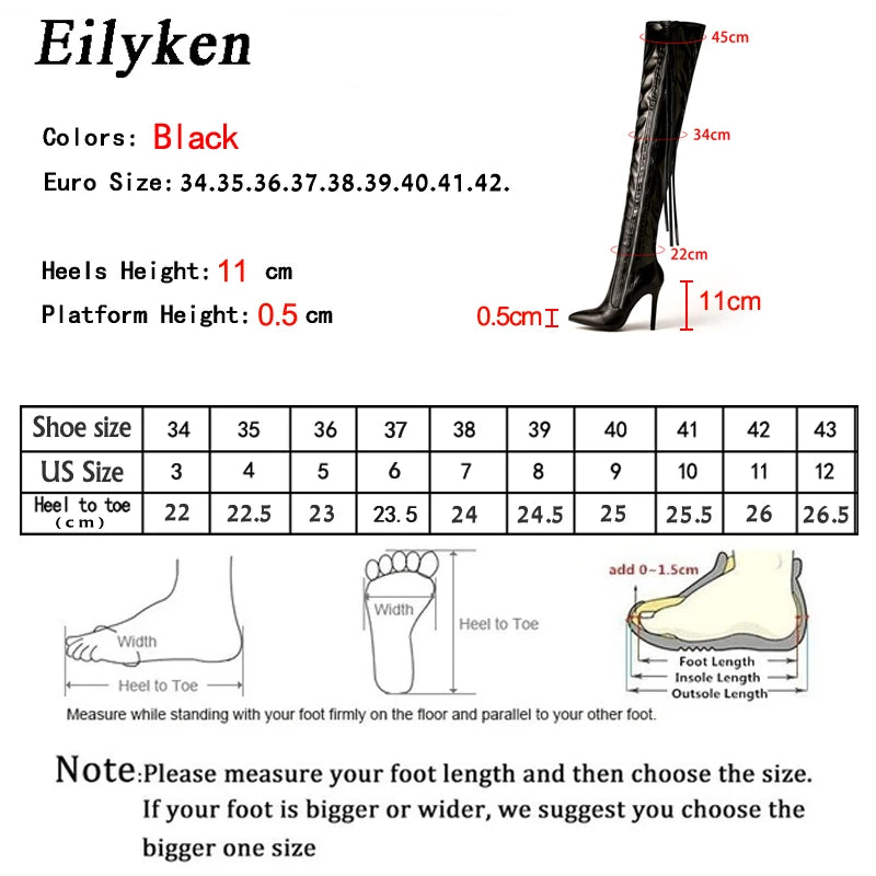 Eilyken New Fashion Designer Tassel Thigh High Women Shoes Sexy Pointed Toe Zip Over-the-Knee Boots Stiletto Heels Size 35-42
