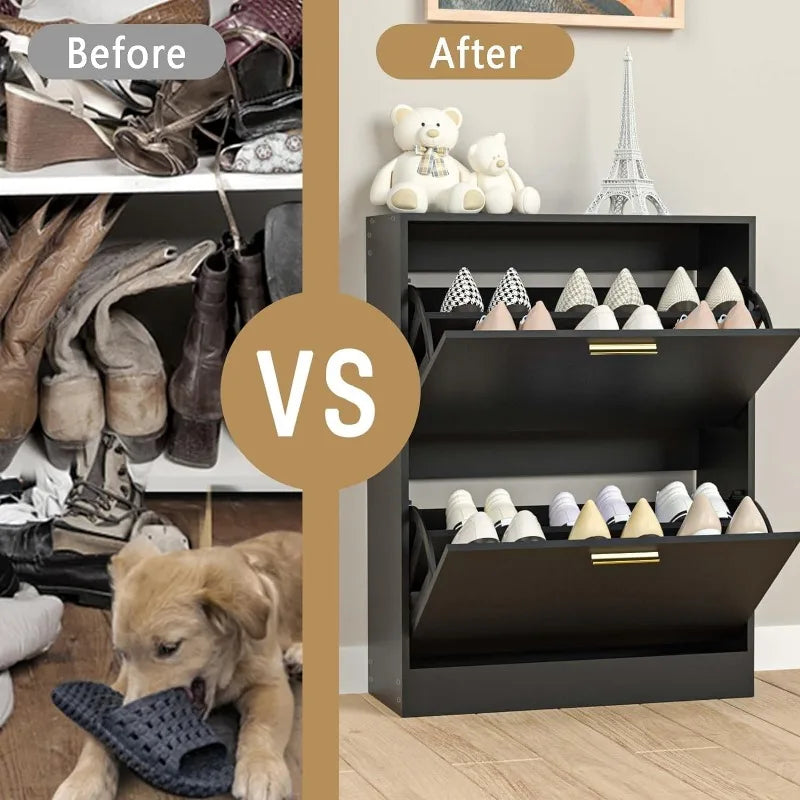 Shoe Cabinet with 2 Flip Drawers - Narrow Shoes Storage for Entryway, Freestanding Hidden