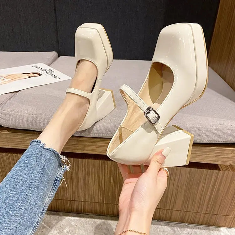 Platform Pumps Women's 2023 Square Toe Thick Heels Mary Janes Women's Patent High Heels Party Shoes Square Toe Square Heel