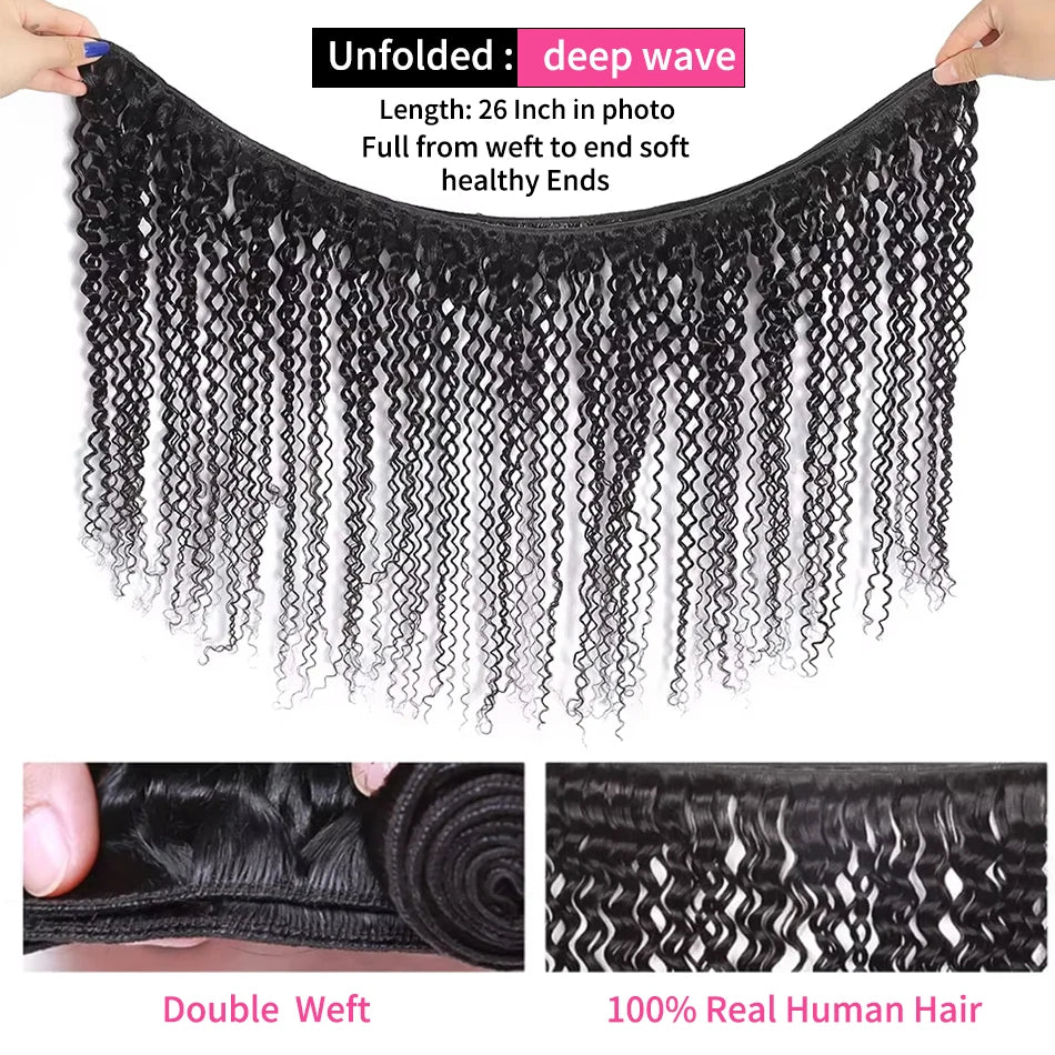 Linktowig 28 30 32 Inch Deep Wave Human Hair Bundles Curly Bundles Human Hair Raw Hair Bundles Human Hair Extensions Double Weft
