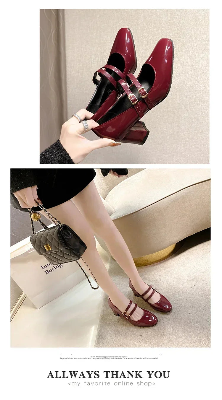 2025 Spring Autumn Women Double Buckle Mary Janes Shoes Patent Leather Dress Square Head Square Heel Solid Color Women's Shoes