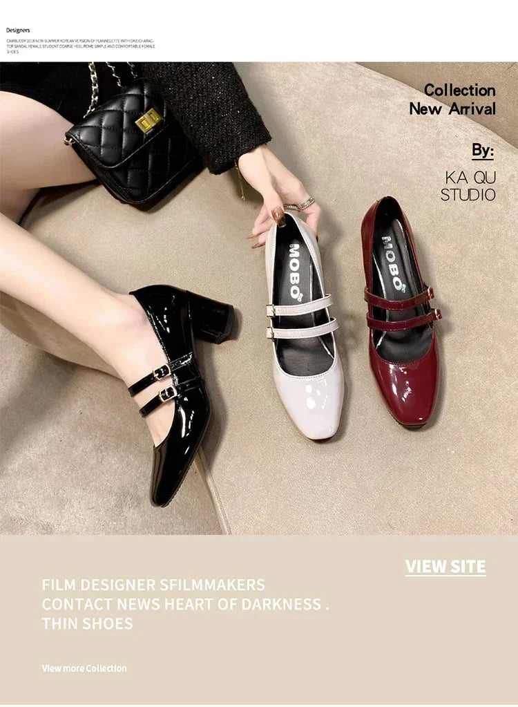 2025 Spring Autumn Women Double Buckle Mary Janes Shoes Patent Leather Dress Square Head Square Heel Solid Color Women's Shoes