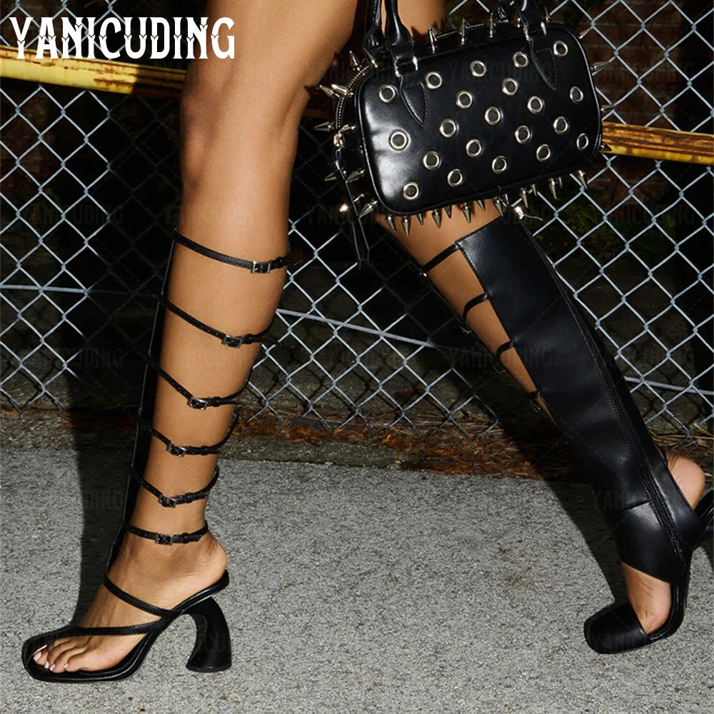 Uniquely Curved Heel Sandal Boots Asymmetrical Novelty Gladiator Sandals Faux Glossy Snakeskin Knee-High Women Boots for Summer