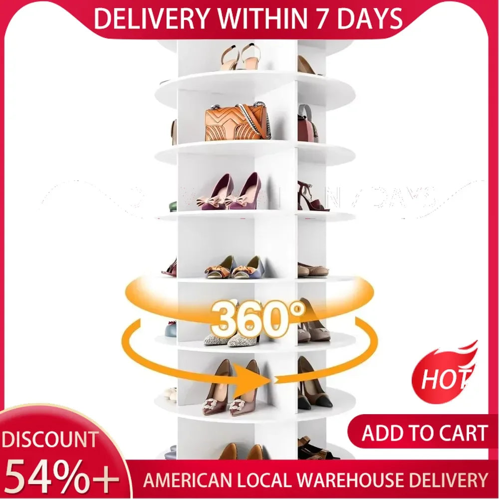 Shoe Rack 7-Tier Spinning, Free Standing Rotating Tower 360°, Easy To Assemble, Space-Saving,White Easy To Clean Shoe Cabinet