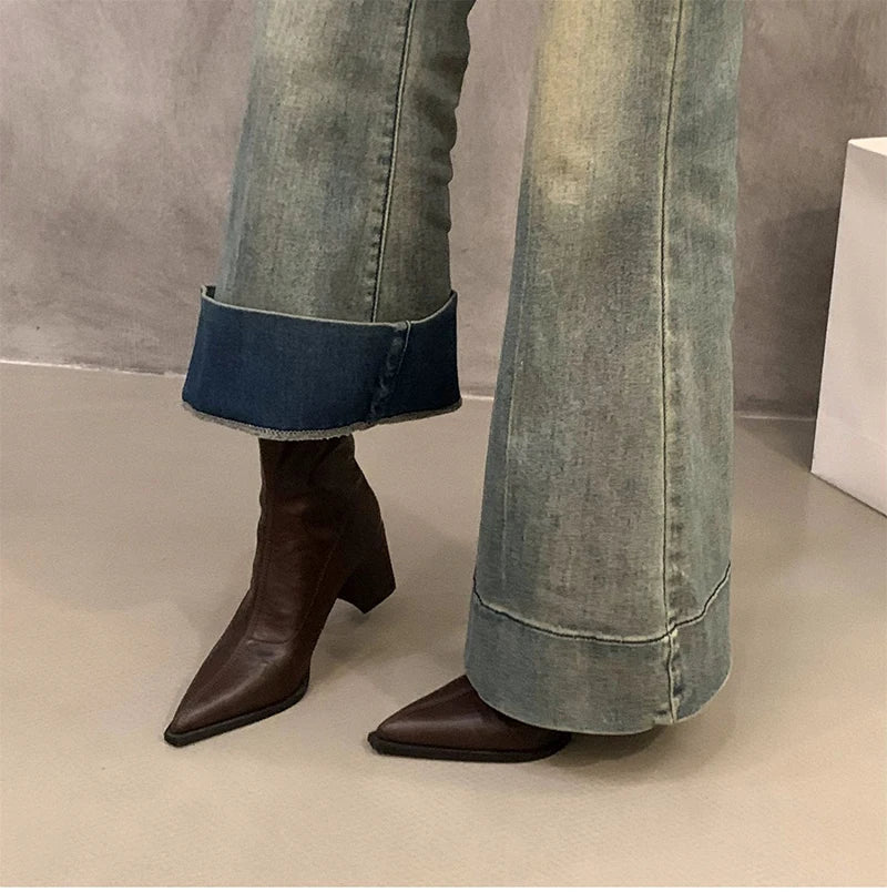 Designer Vintage Women Ankle Boots Fashion Pointed Toe Short Booties Elegant High Heels Shoes Botas Mujer