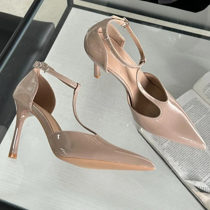 Sexy Red High Heels Women Pointed Toe Party Dress Shoes T-Strap Patent Leather Elegant Slingback Thin Heels Female Sandals Women
