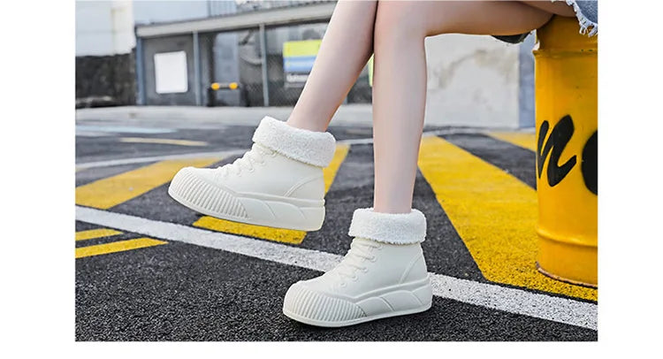 2025 New plush galoshes waterproof rain boots women's rubber platform shoes for lady ankle wide toe rainboots water shoes woman