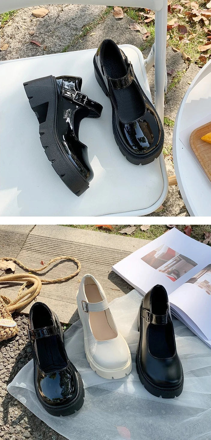 Patent Leather High Heels Mary Jane Shoes Women Japanese Style Ankle Platform Pumps Woman Buckle Jk Uniform Lolita Shoes