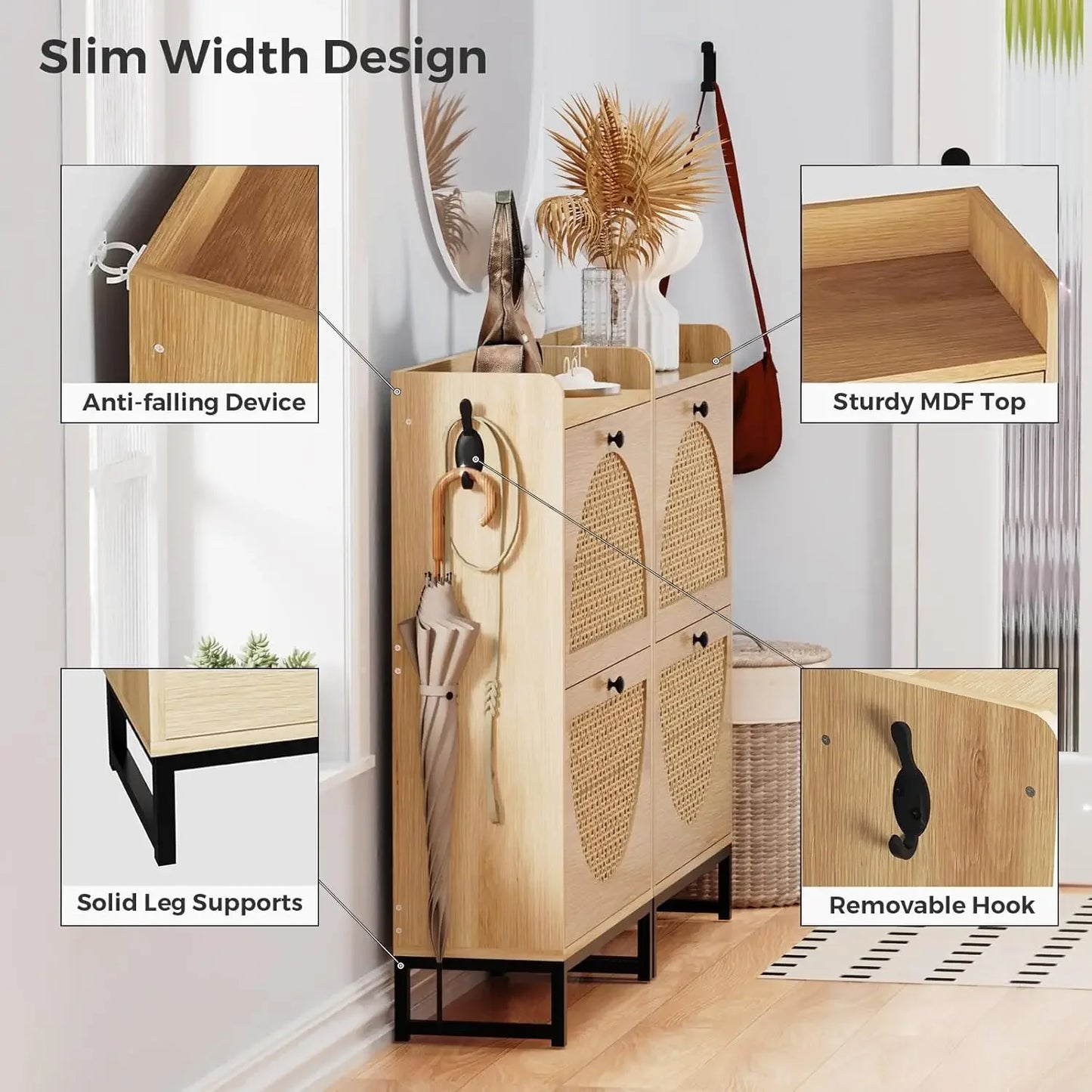 Shoe Cabinet with 2 Handmade Natural Rattan Flip Drawers, Entryway Shoe Rack Storage Organizer for Sneakers, Slippers