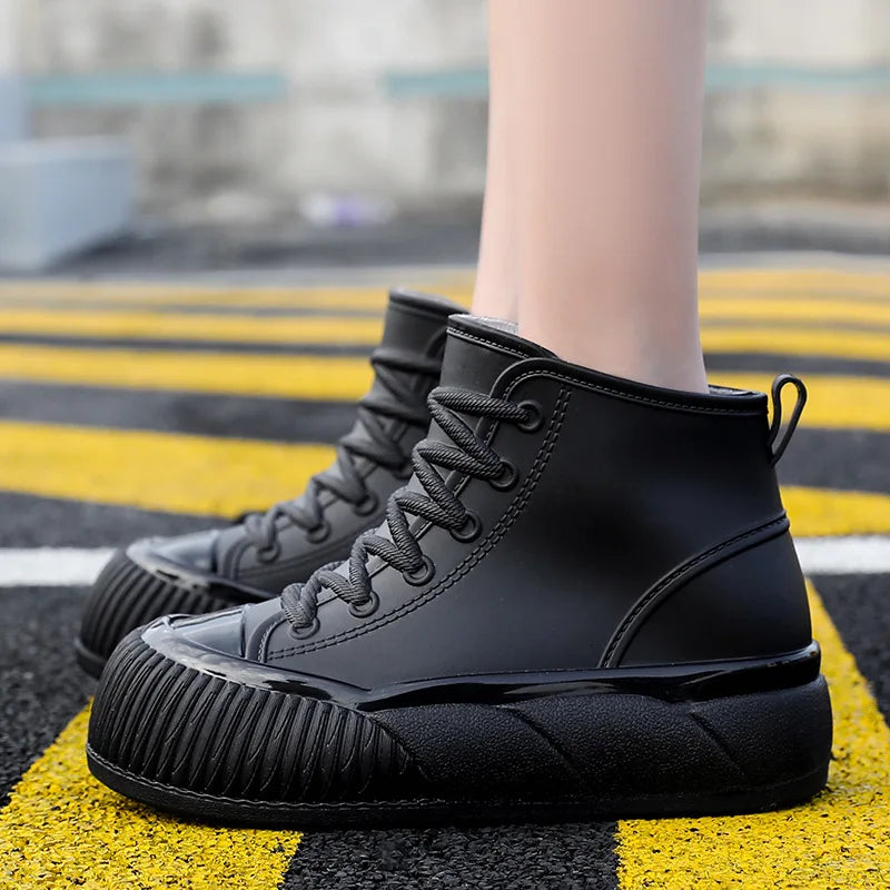 2025 New plush galoshes waterproof rain boots women's rubber platform shoes for lady ankle wide toe rainboots water shoes woman