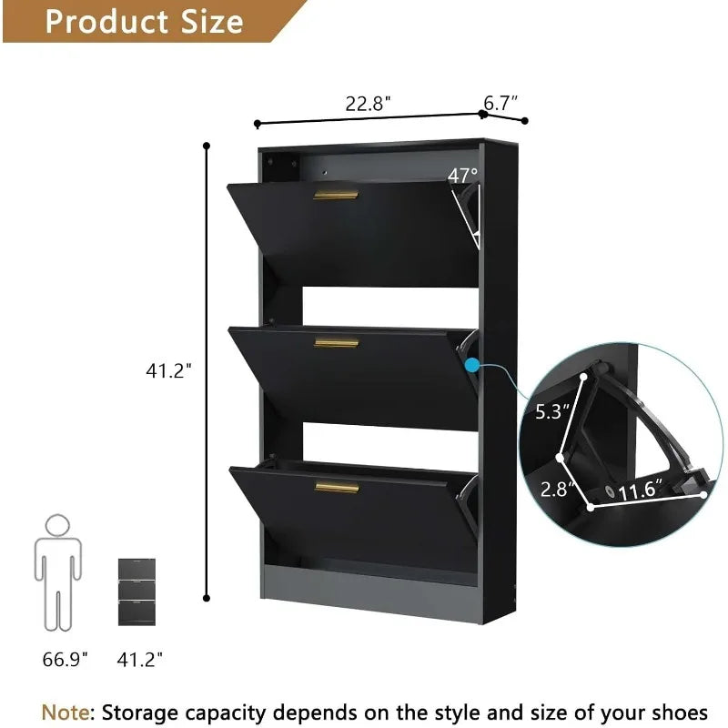Shoe Cabinet with 2 Flip Drawers - Narrow Shoes Storage for Entryway, Freestanding Hidden