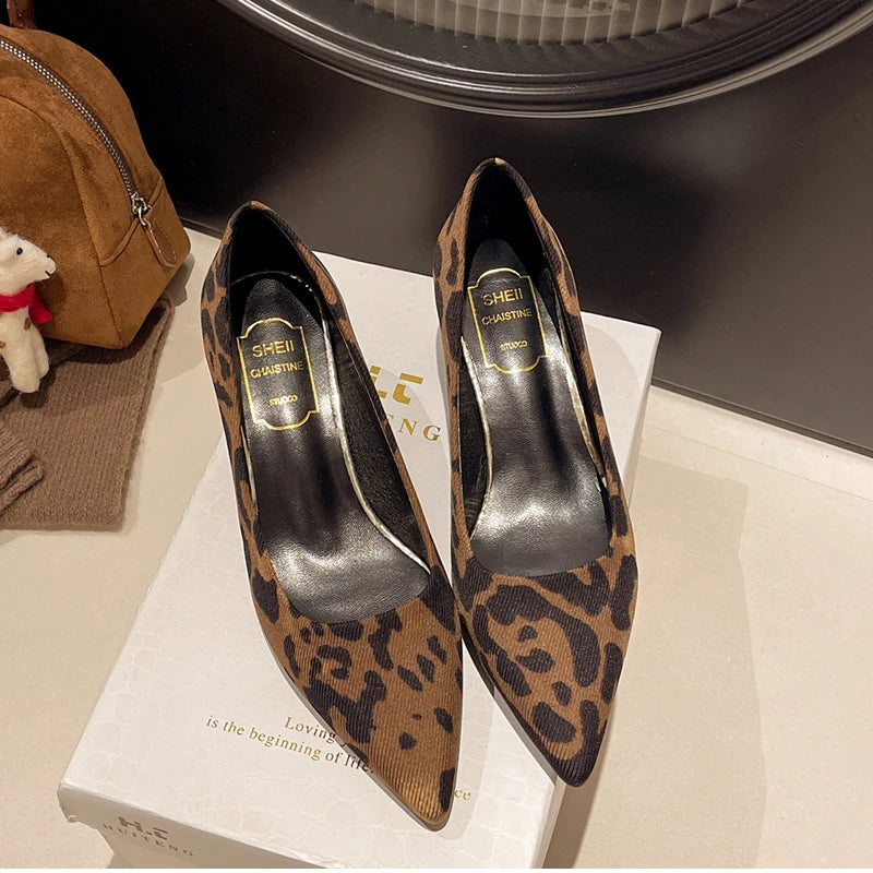 Leopard Print Women High Heel Shoes Fashion Pointed Toe Shallow Shoes Party Dress Ladies Pumps Shoes