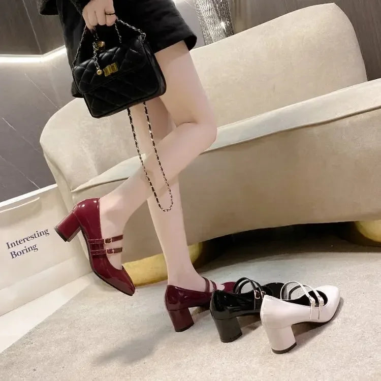 2025 Spring Autumn Women Double Buckle Mary Janes Shoes Patent Leather Dress Square Head Square Heel Solid Color Women's Shoes