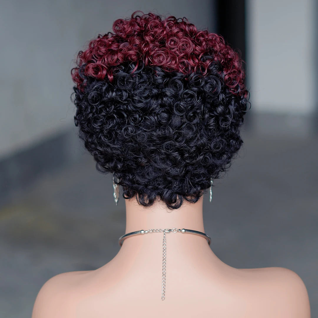 6inch Short Curly Wigs T1B/99J None Lace Front Human Hair Wigs with Bangs 180% Density Machine Made Pixie Cut Curly Wave Wig